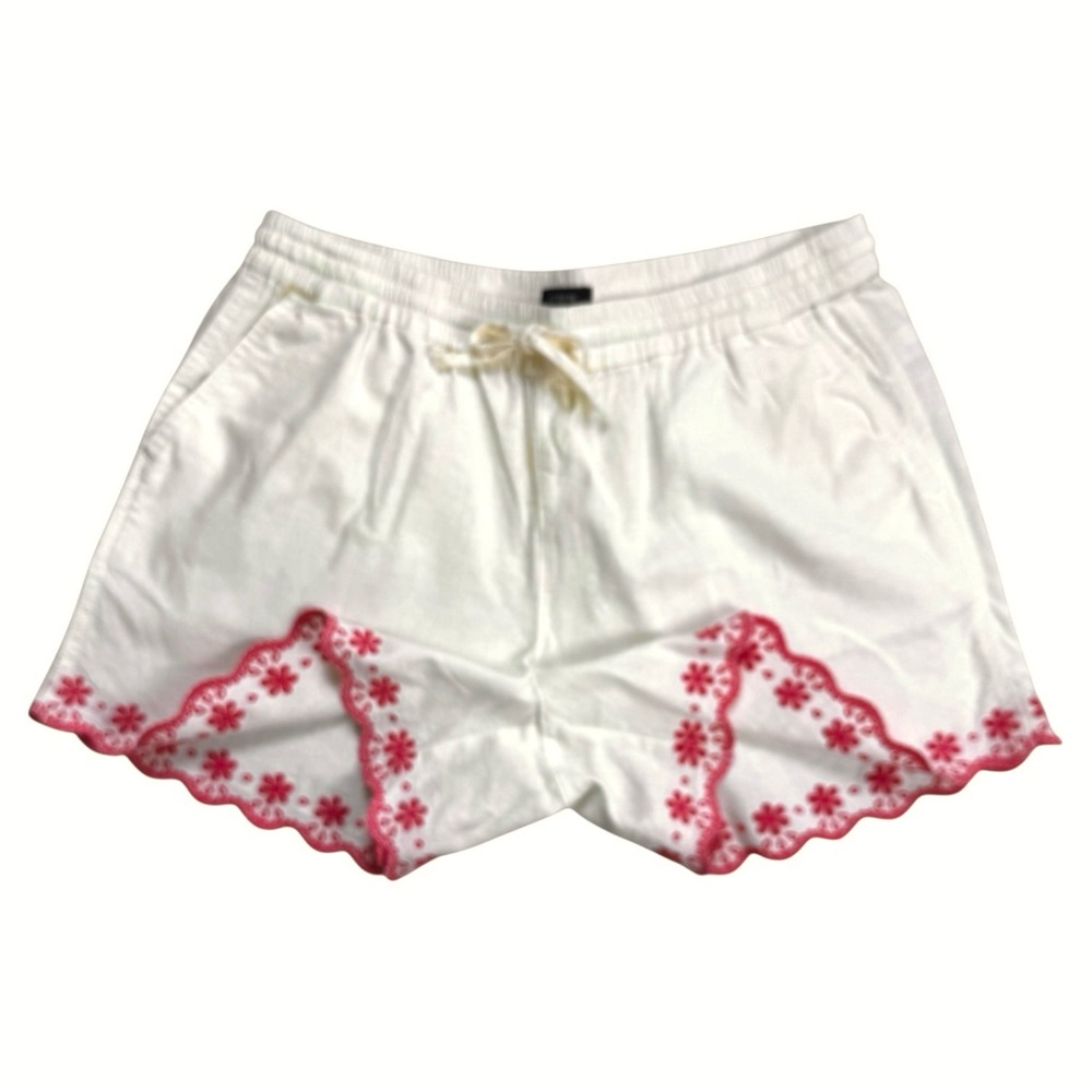 J.Crew Linen Tie Drawstring Waist Embroidered   Pink Floral Hem Shorts M 🌸 - Picture 4 of 12